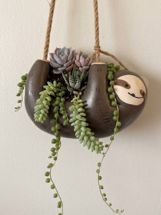 Other - Ceramic Hanging Sloth Planter Pot with Jute Rope in Brown NWT
